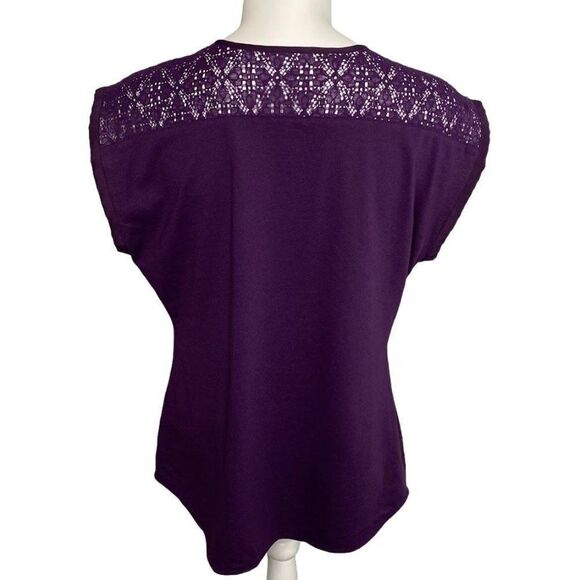 Womens Van Heusen Purple Grape‎ Dolman Sleeve Lace Back Mixed Media Top sz Small - Picture 2 of 7